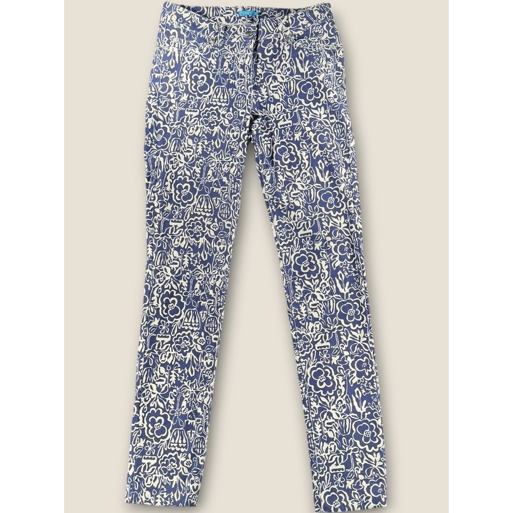 J. McLaughlin Blue White Floral Print Slim Leg Pants Womens 2 Stretch Cotton